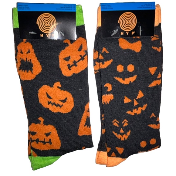 Halloween Jack O'lantern HYP Crew Socks 2 Pair Men's 6-12 Black Orange w Pumpkin - Picture 1 of 8